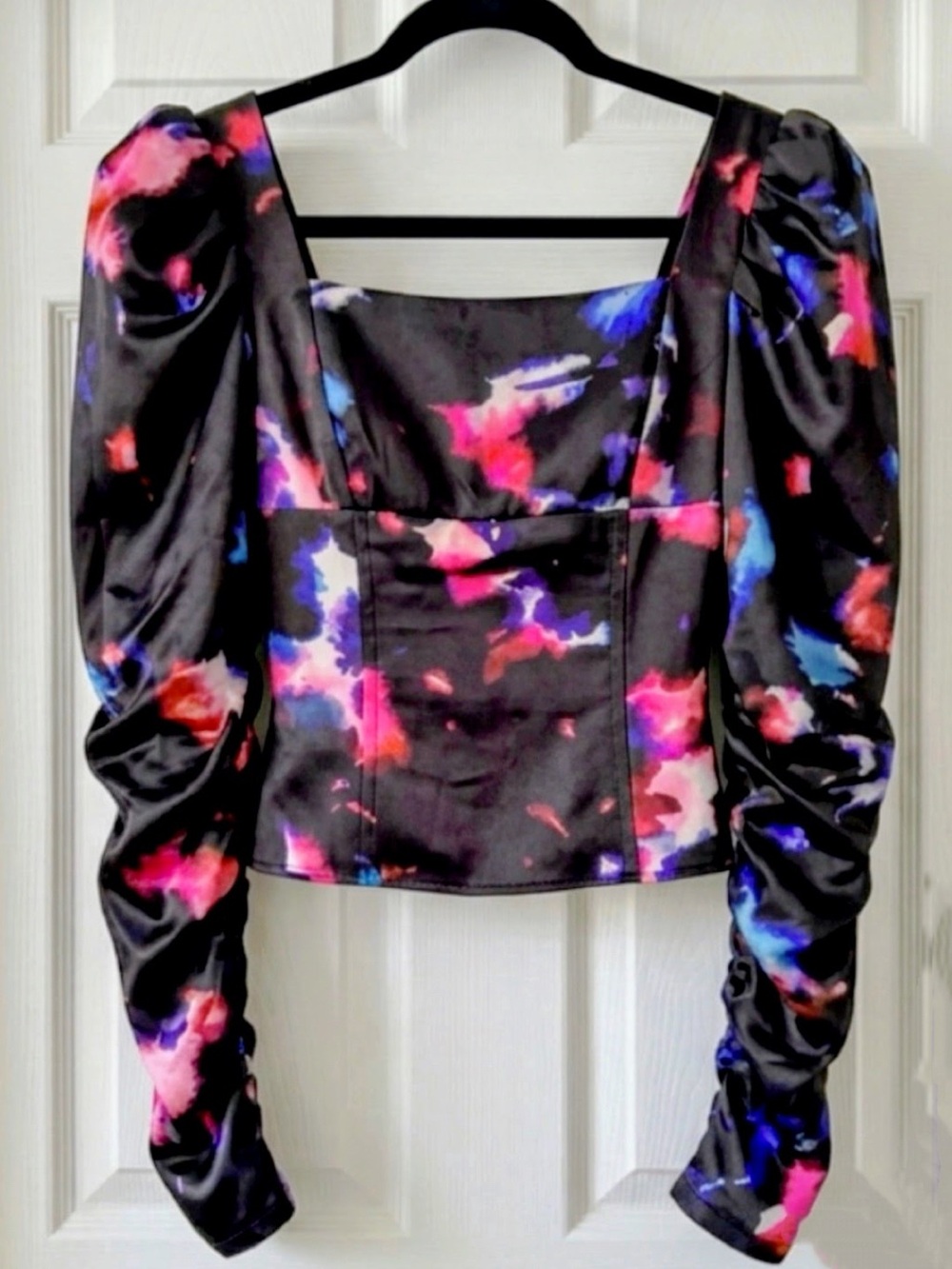 Badgley Mischka Floral Bustier Top Sweetheart Ruched Sleeve Size 2 80s Vibe